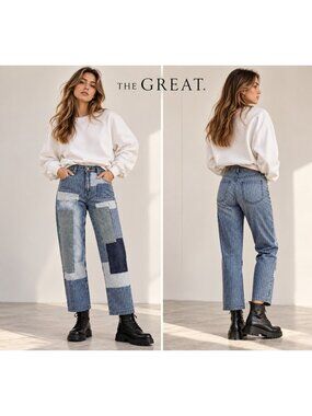 THE GREAT Women's The Billy Jean Patchwork Striped Denim Jeans Blue 27